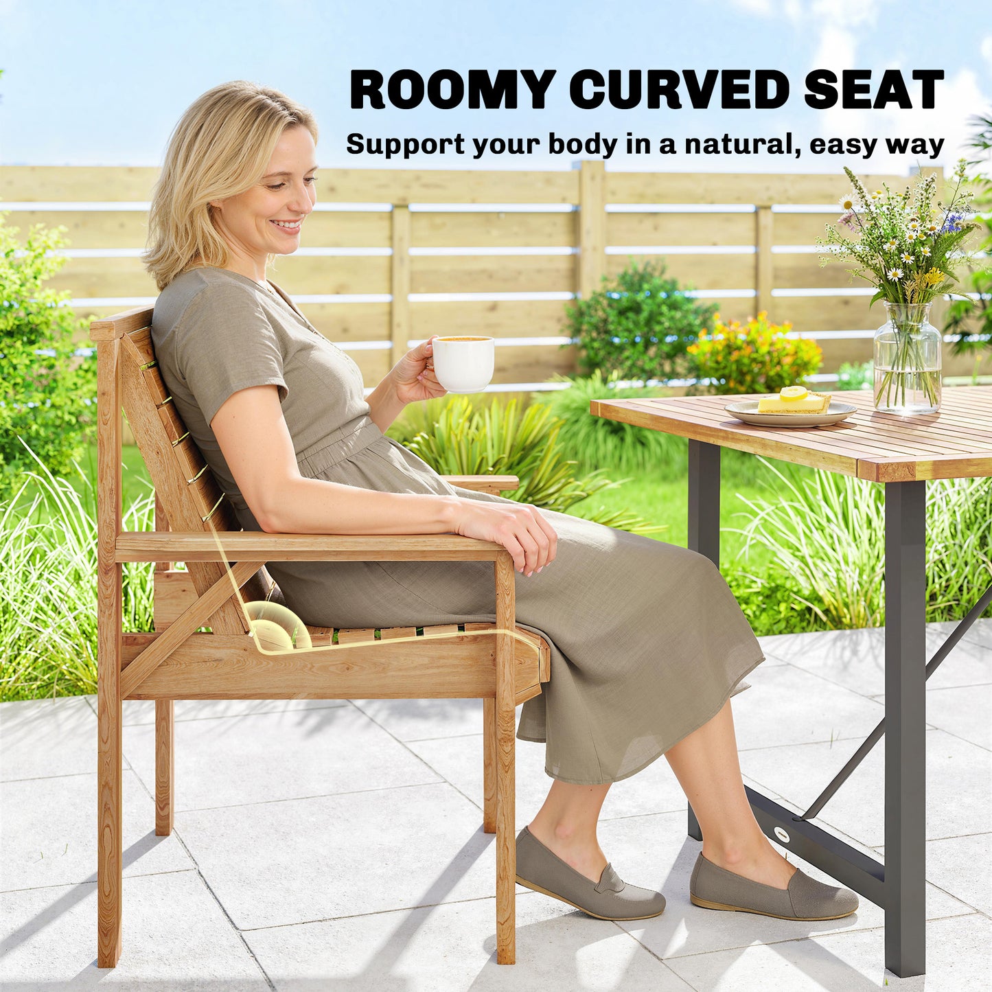Wood Garden Chair Outdoor Dining Chair with Curved Seat, Natural