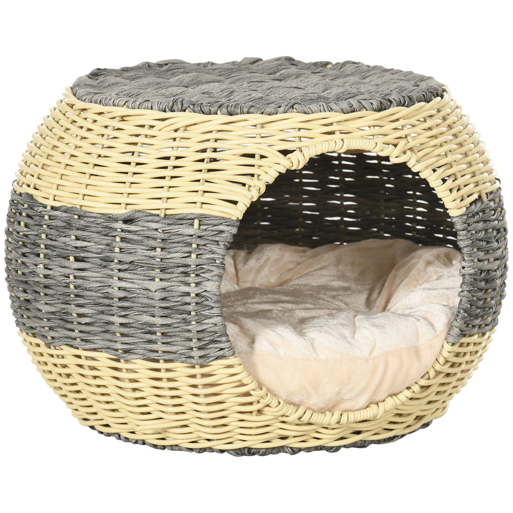 Wicker Cat House, Rattan Raised Cat Bed, Cosy Kitten Cave with Soft Washable Cushion, Φ40 x 30cm