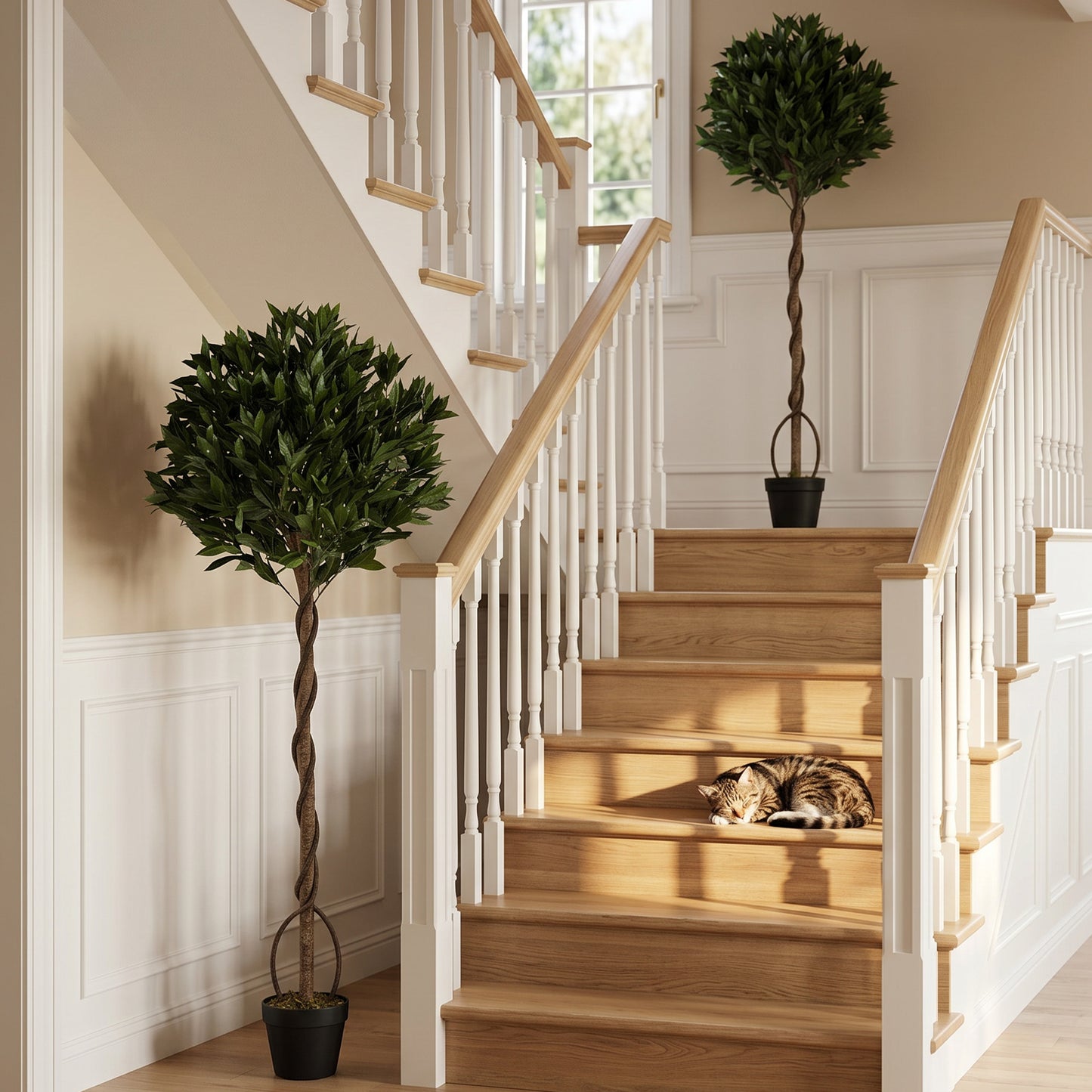 Artificial Bay Laurel Topiary Trees with Twisted Trunk, Realistic Lush Topiary Ball Tree with Weighted Pot, 5FT Indoor Greenery Plant for Home Office Decor, Set of 2, Green