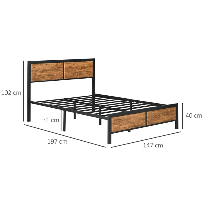 Industrial Double Bed Frame, 5FT Steel Bed Base with Headboard, Footboard, Slatted Support and Under Bed Storage, 147 x 197cm, Rustic Brown