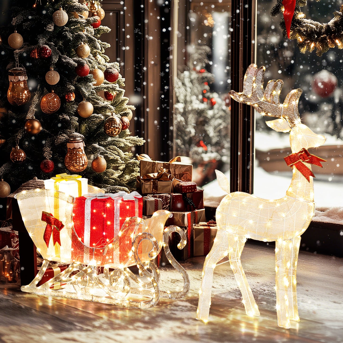 Lighted Christmas Decoration, Outdoor Light Up Deer and Sleigh