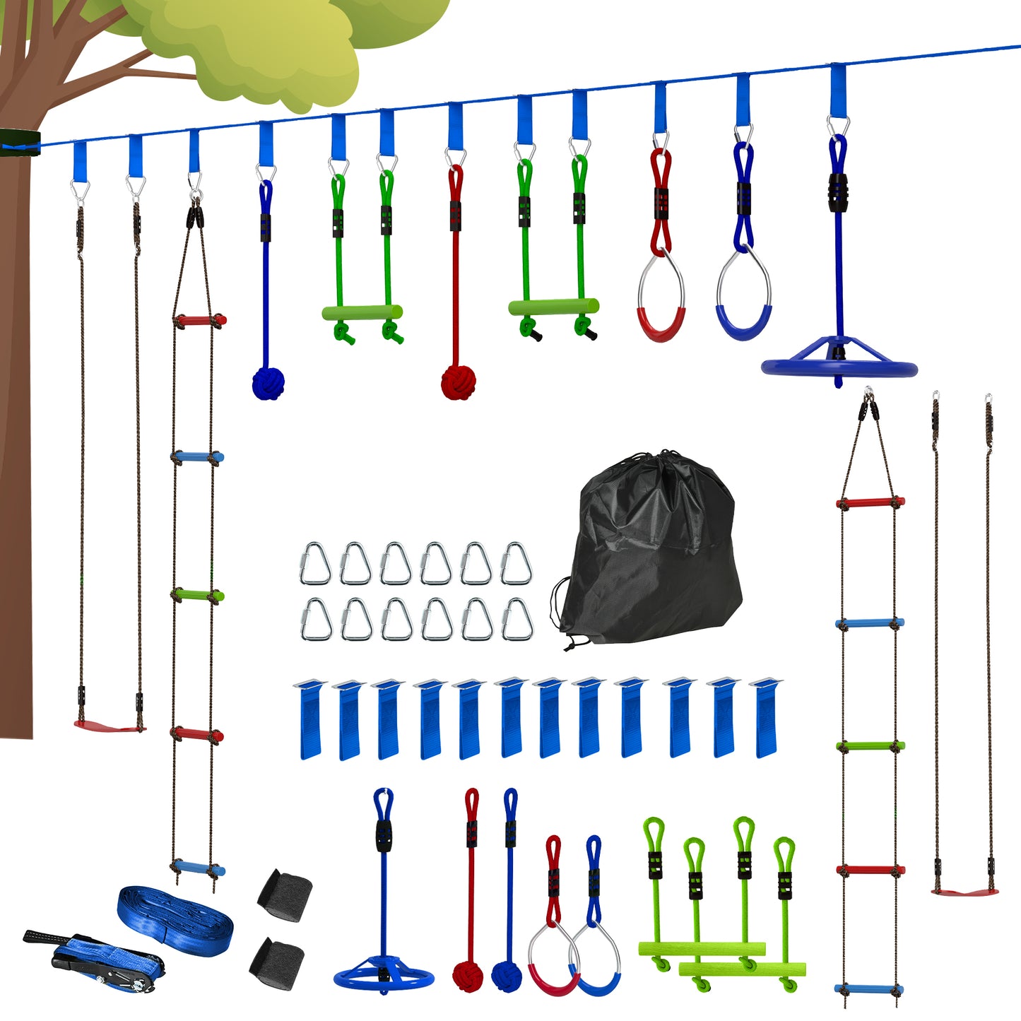 10 Piece Zip Line Kit for Kids, for Outdoor Garden, Multicolour