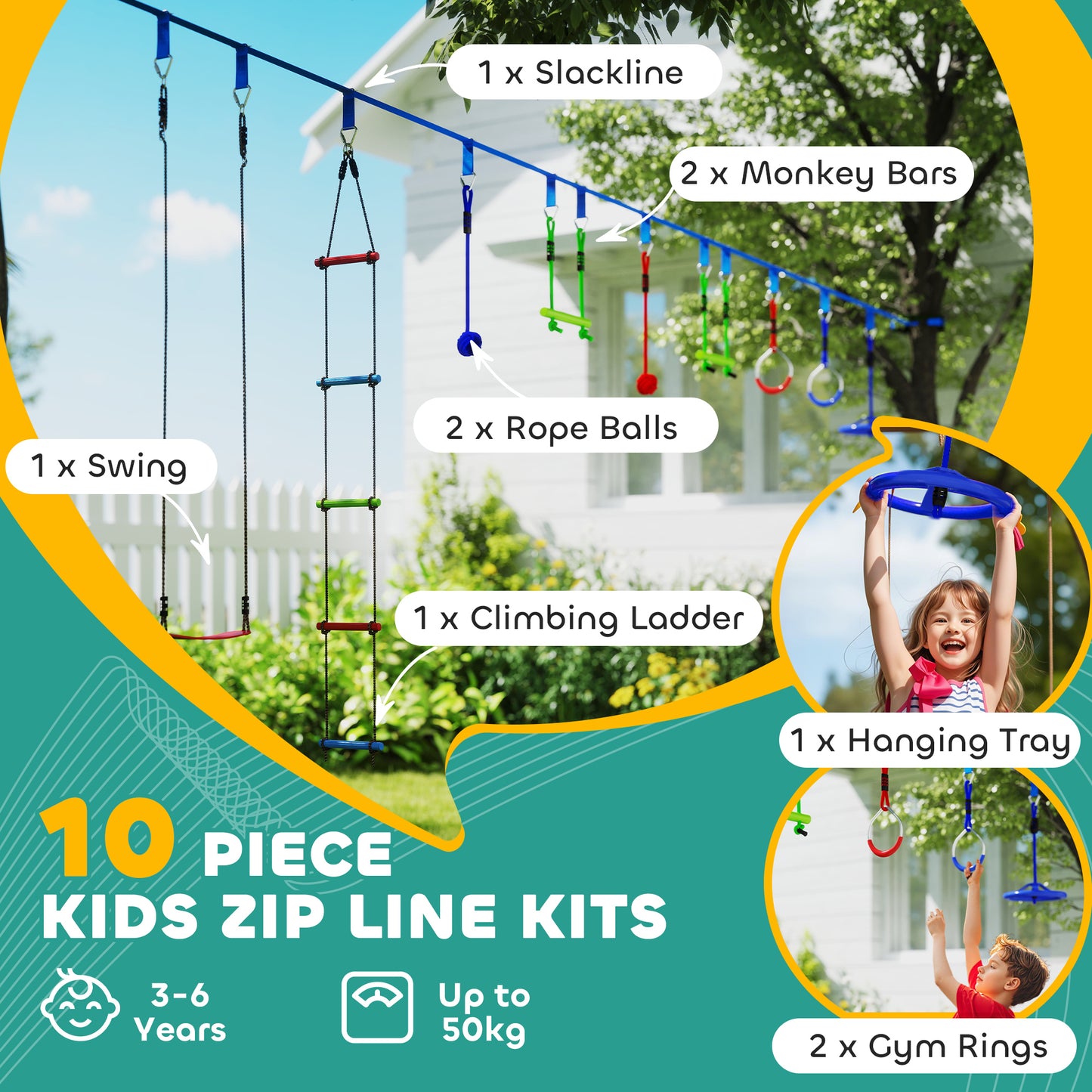 10 Piece Zip Line Kit for Kids, for Outdoor Garden, Multicolour