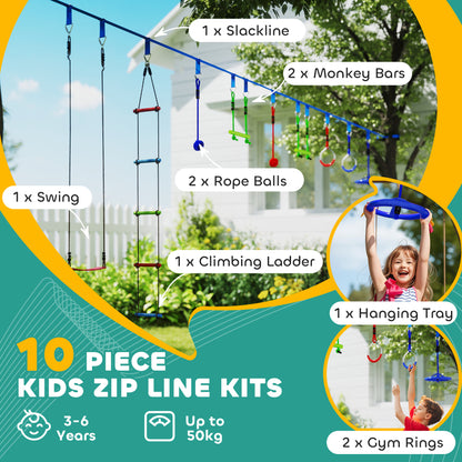 10 Piece Zip Line Kit for Kids, for Outdoor Garden, Multicolour