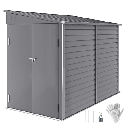 5 x 9ft Galvanised Metal Garden Shed with Foundation Kit, Outdoor Lean-to Shed, Tool Storage House with Lockable Doors, Gloves and 2 Air Vents for Patio, Garden, Grey