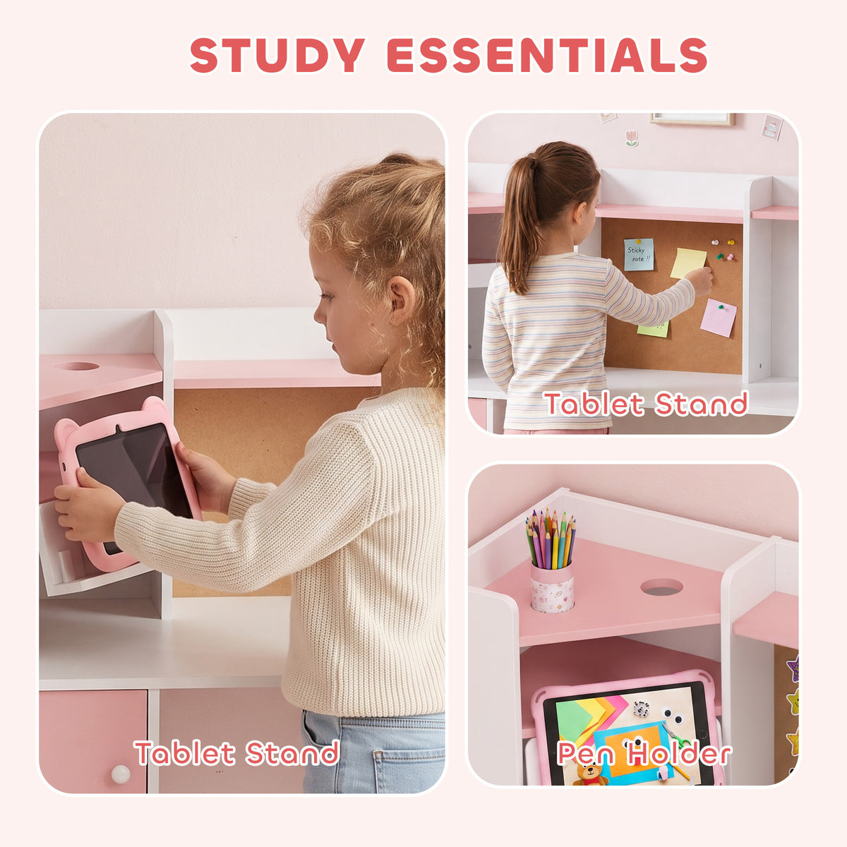 Kids Desk and Chair Set w/ Cabinets for Ages 5-12 Years, Pink