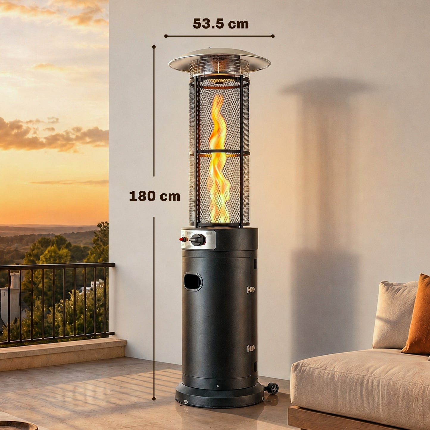 11 KW Freestanding Gas Patio Heater, Adjustable Outdoor Garden Propane Heater with Tip-Over Switch, Wheels, Pulse Ignition, Tank Room with Openable Door, Black