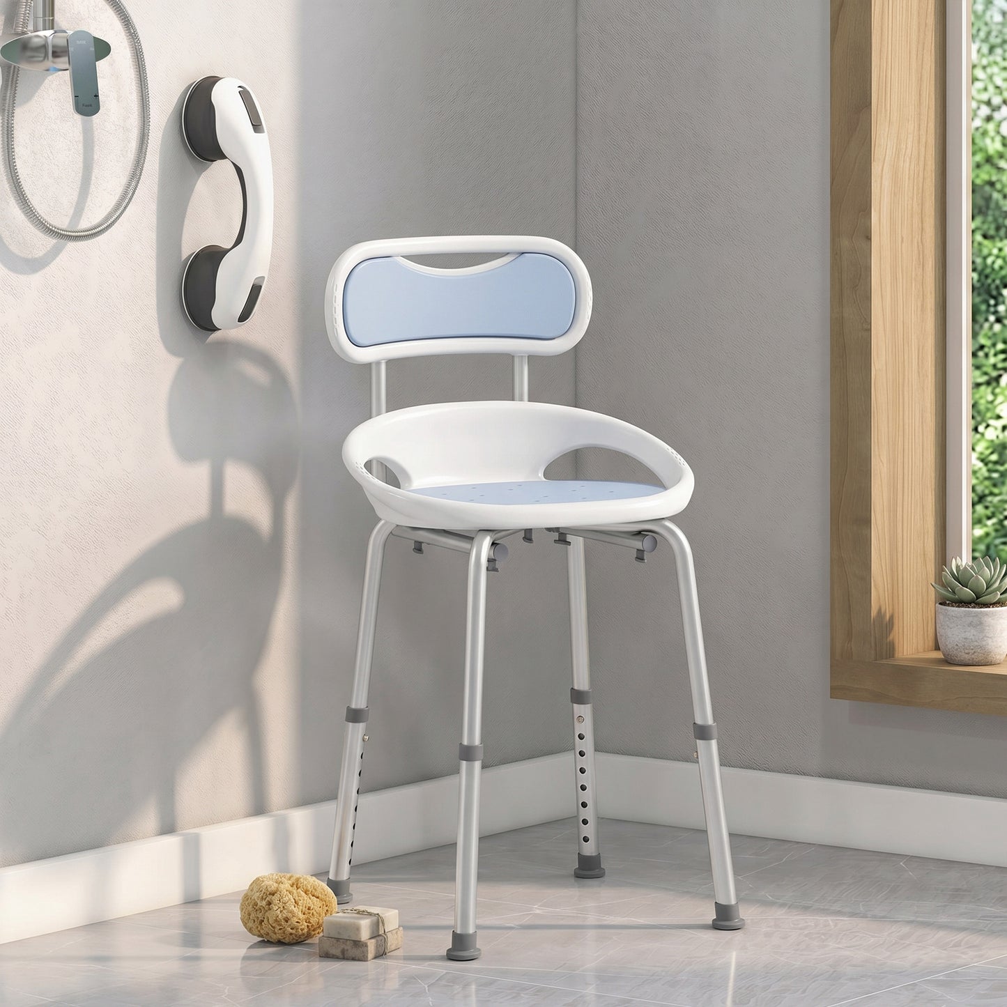 Aluminium Alloy Shower Chair with Back and Enclosed Side Support, Bath Seat with Adjustable Height, Anti-slip Shower Bench for Seniors, Tool-Free Assembly, 136 kg