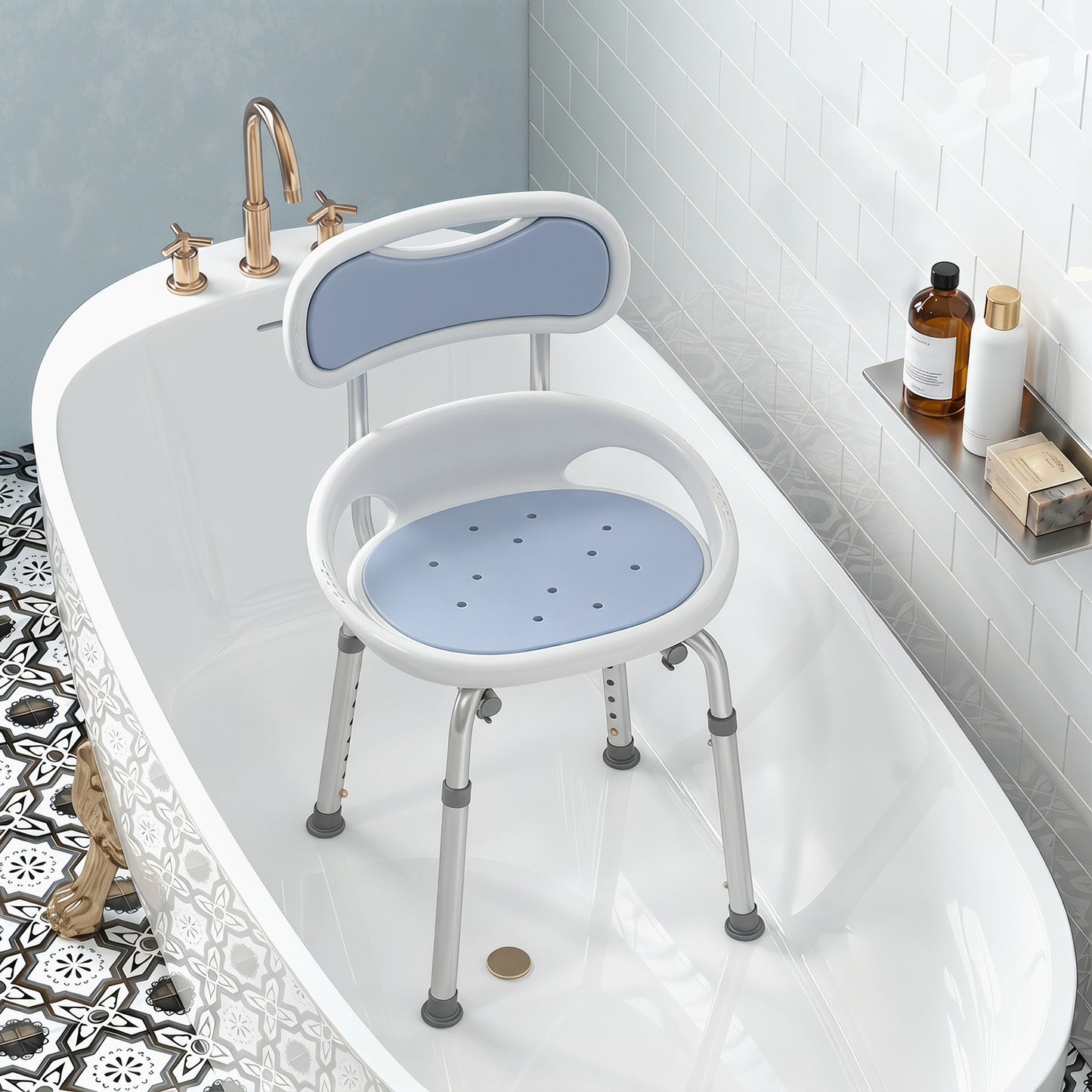 Aluminium Alloy Shower Chair with Back and Enclosed Side Support, Bath Seat with Adjustable Height, Anti-slip Shower Bench for Seniors, Tool-Free Assembly, 136 kg