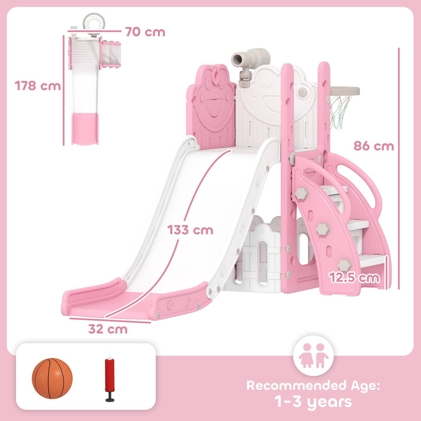 5 in 1 Toddler Slide Set with Basketball Hoop for Age 1-3, Pink