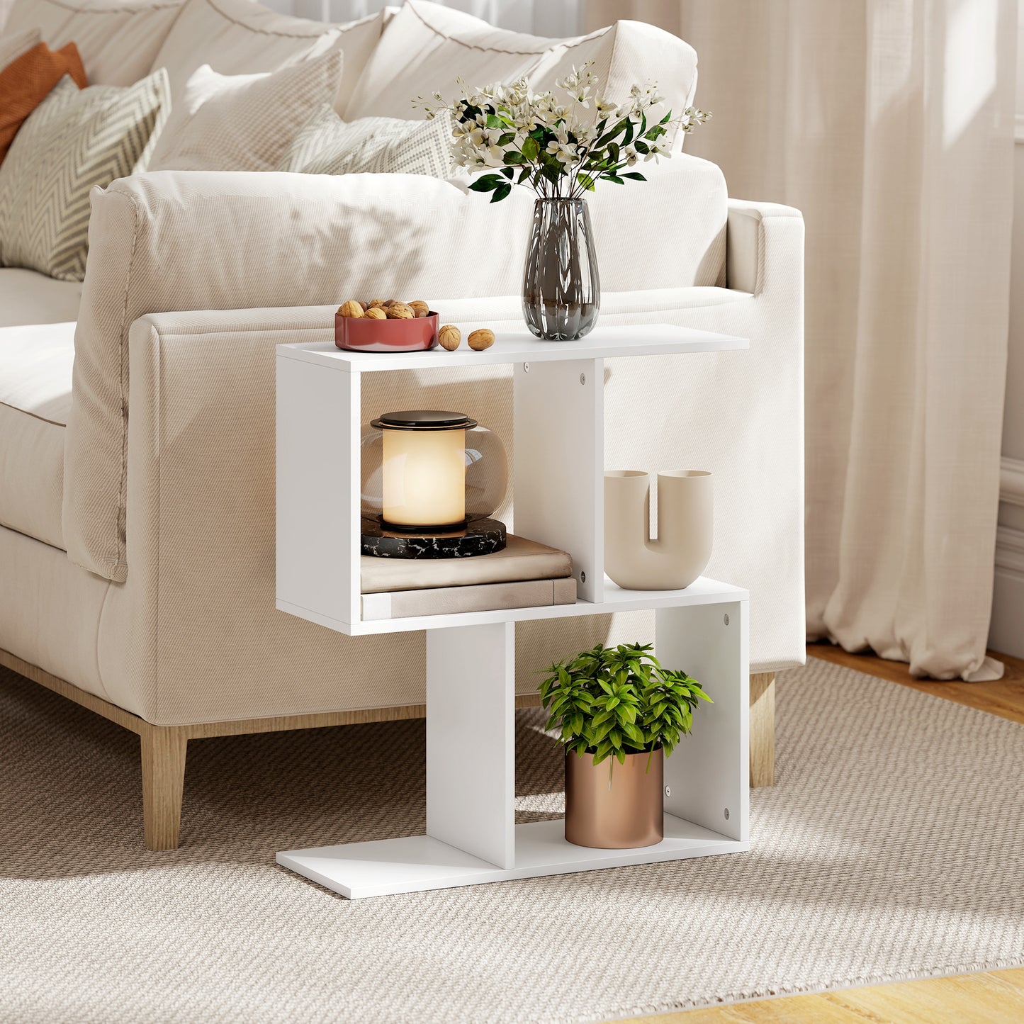 Side Table, Narrow End Table with Storage Shelves, White