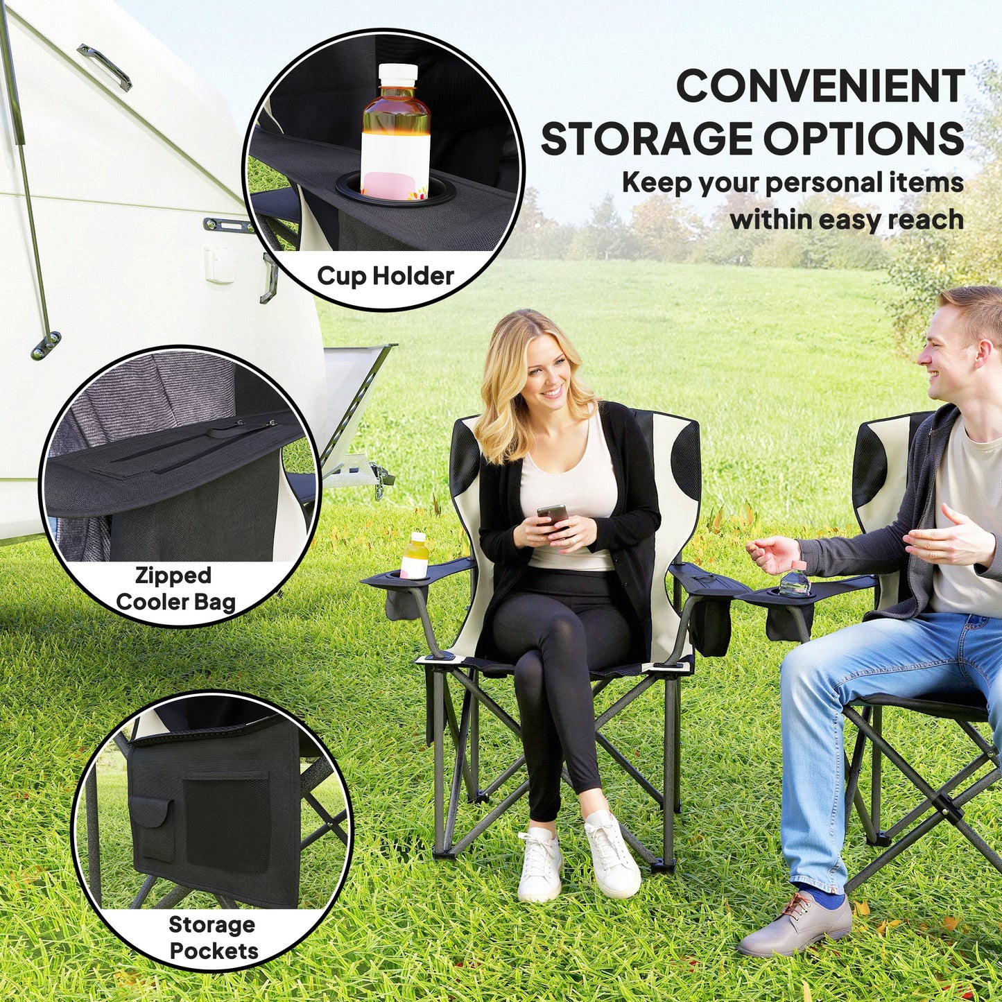 Set of 2 Padded Folding Picnic Chairs with Cooler Bag, Black