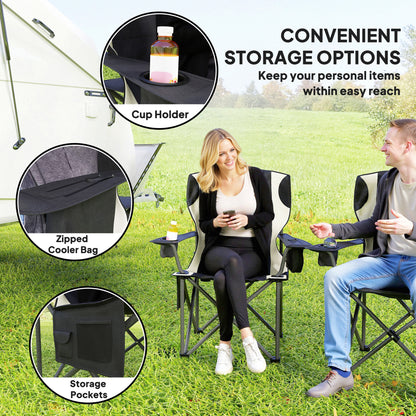 Set of 2 Padded Folding Picnic Chairs with Cooler Bag, Black