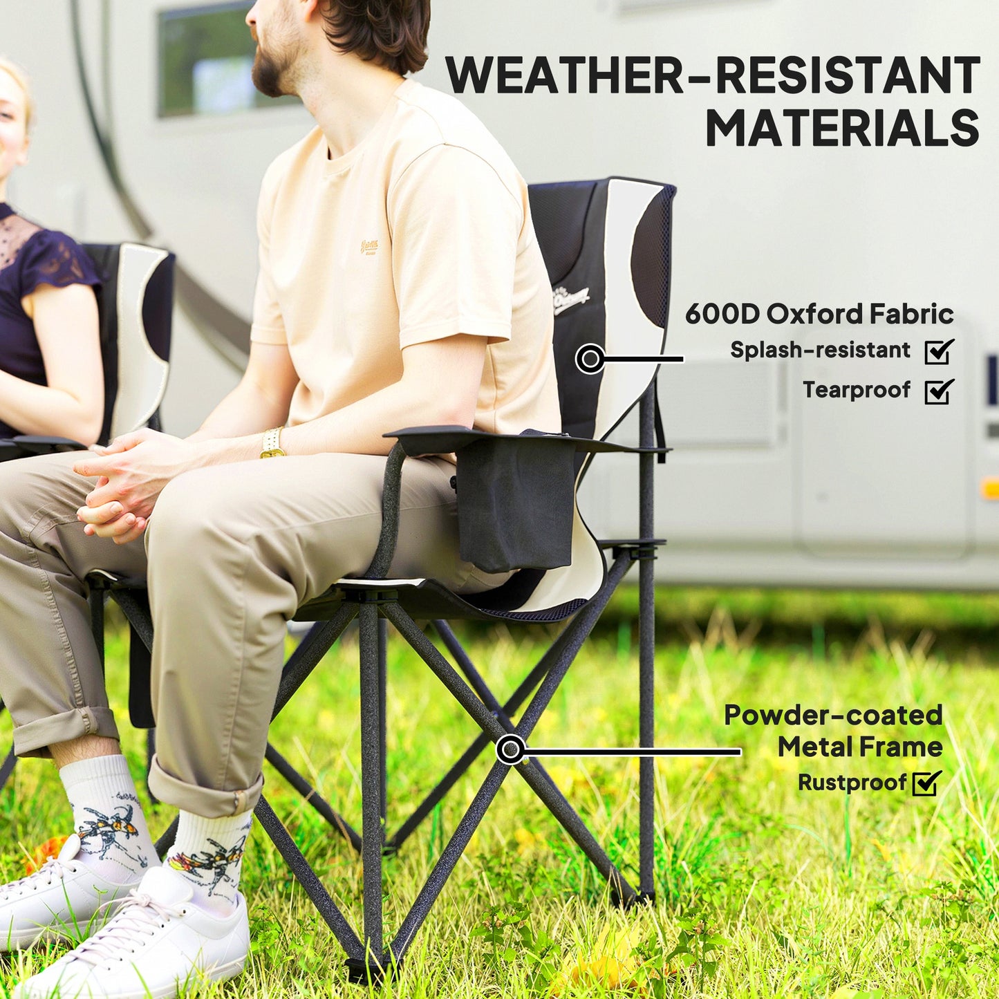 Set of 2 Padded Folding Picnic Chairs with Cooler Bag, Black