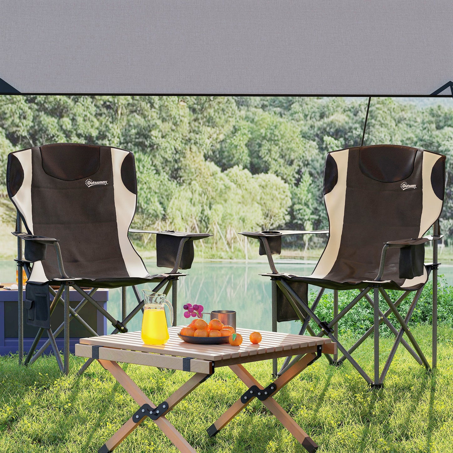 Set of 2 Padded Folding Picnic Chairs with Cooler Bag, Black