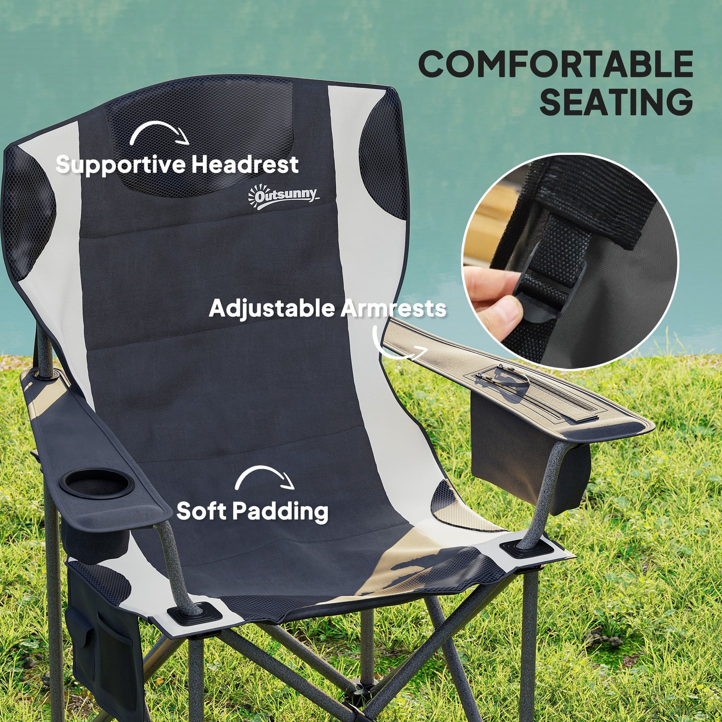 Set of 2 Padded Folding Picnic Chairs with Cooler Bag, Black