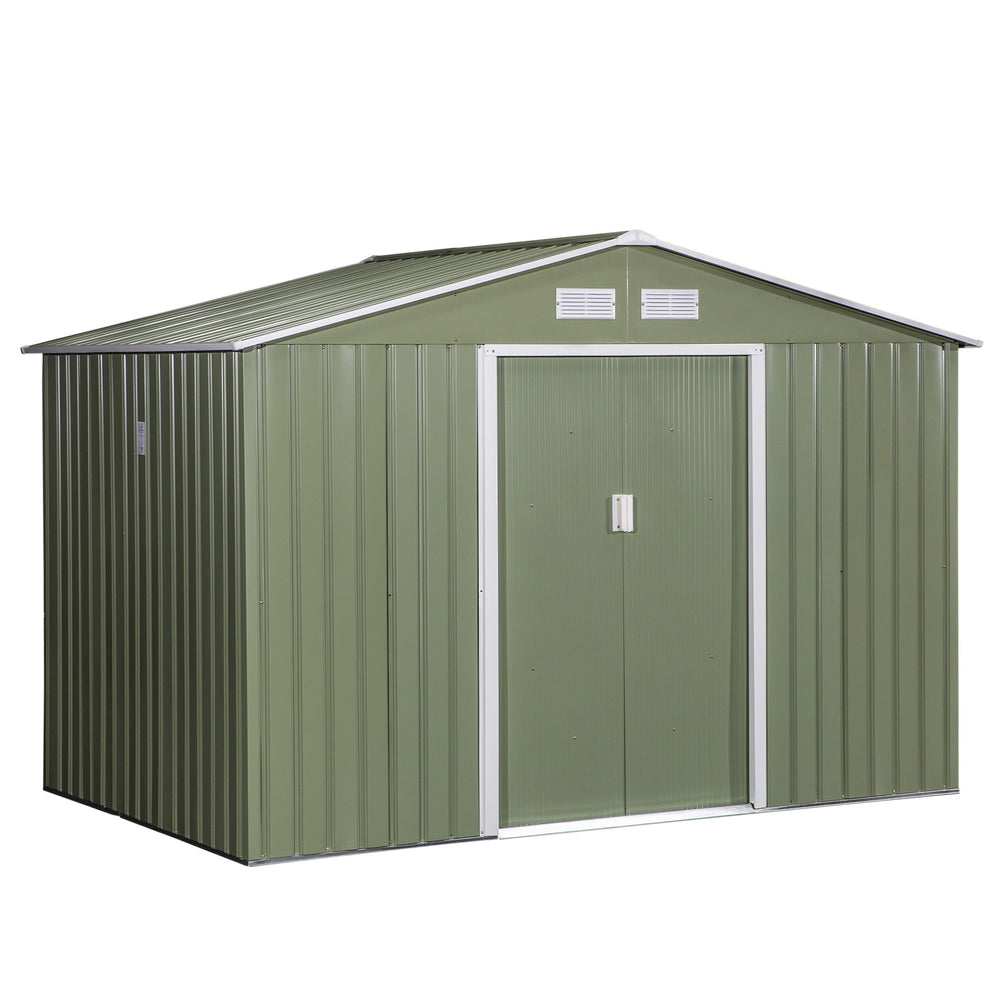 9 x 6 ft Metal Garden Storage Shed Corrugated Steel Roofed Tool Box with Foundation Ventilation and Doors, Green