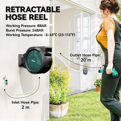Retractable Hose Reel Wall Mounted with Lock, Black