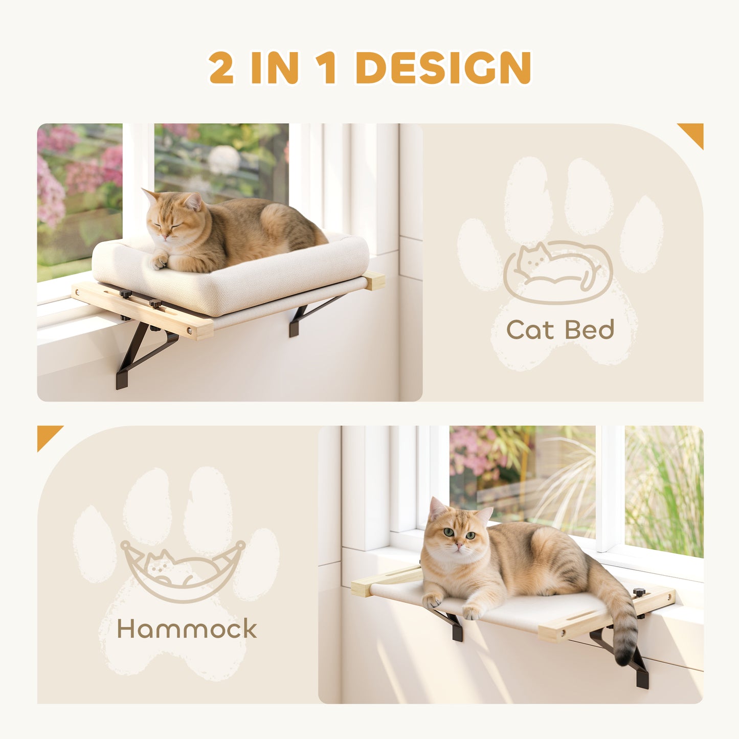 Cat Radiator Bed, Adjustable Hanging Cat Hammock with Solid Wood Frame, Removable and Machine Washable Cushion for Indoor Cats and Kittens, Cream White