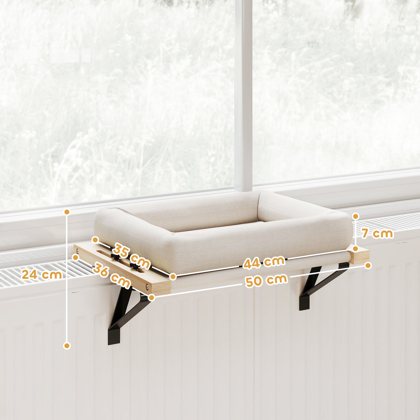 Cat Radiator Bed, Adjustable Hanging Cat Hammock with Solid Wood Frame, Removable and Machine Washable Cushion for Indoor Cats and Kittens, Cream White