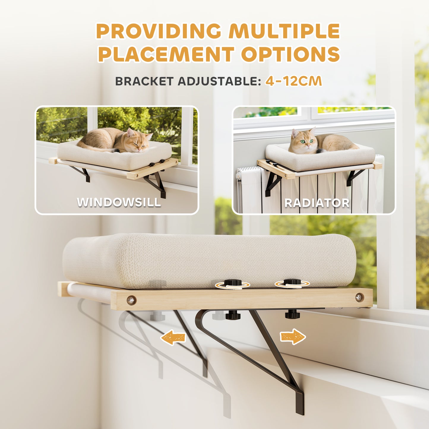Cat Radiator Bed, Adjustable Hanging Cat Hammock with Solid Wood Frame, Removable and Machine Washable Cushion for Indoor Cats and Kittens, Cream White