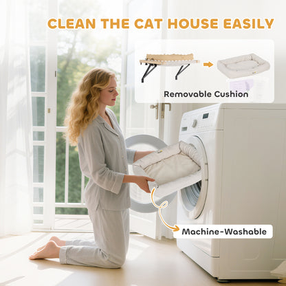 Cat Radiator Bed, Adjustable Hanging Cat Hammock with Solid Wood Frame, Removable and Machine Washable Cushion for Indoor Cats and Kittens, Cream White