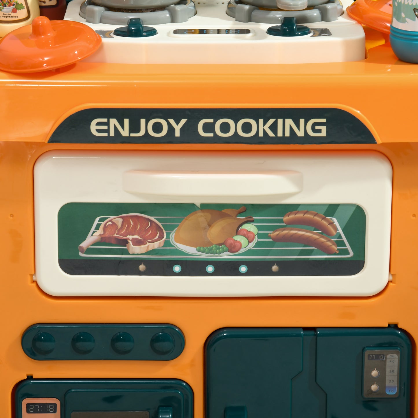 AIYAPLAY Toy Kitchen, 77 Pieces Kids Play Kitchen Role Playing Game with Sound and Light, Water Spray, Running Water