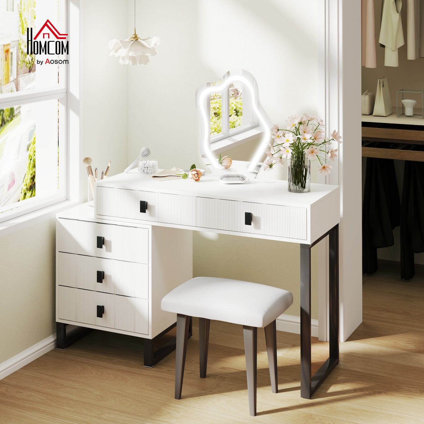 Dressing Table with LED Leaf Shape Mirror and 5 Drawers, White