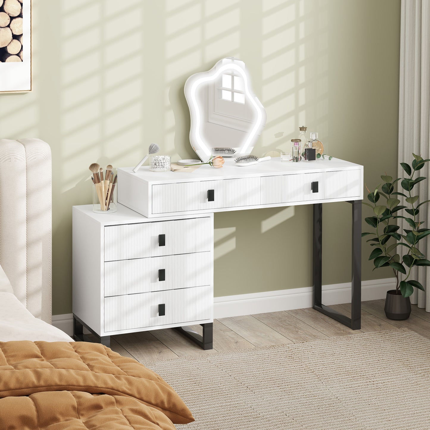 Dressing Table with LED Leaf Shape Mirror and 5 Drawers, White