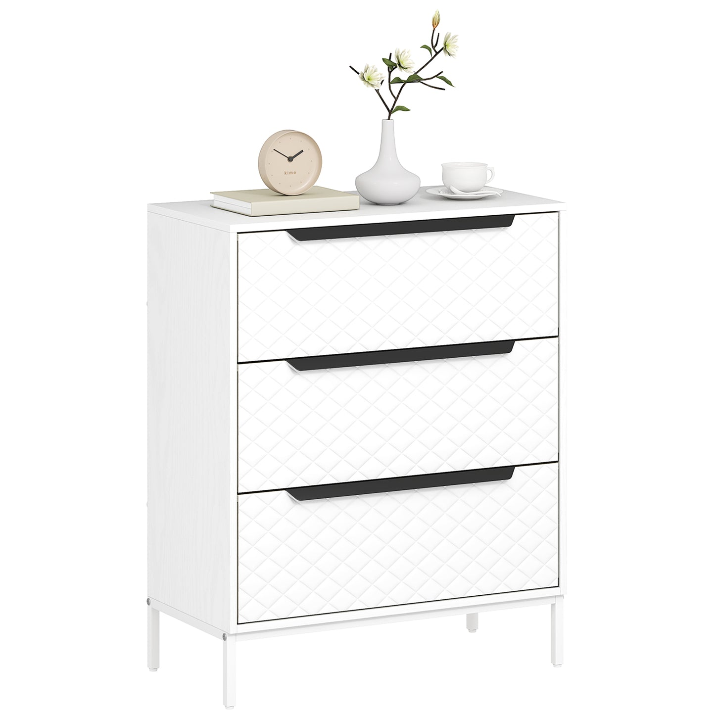 Chest of Drawers, 3 Fabric Drawer Dresser, Aluminium Handles, White