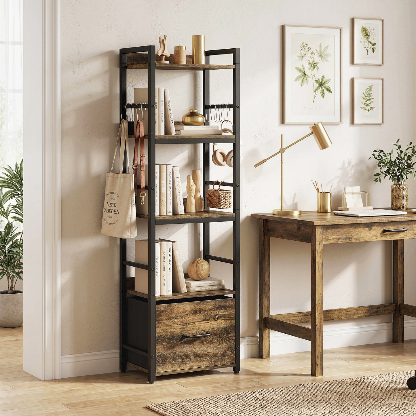 4-Tier Bookshelf, Shelving Unit with Drawer, 8 Hooks, Rustic Brown