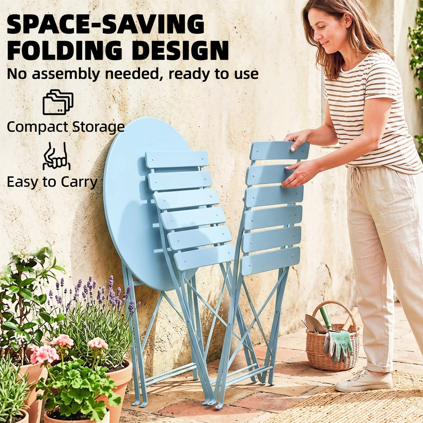 Folding Bistro Set with Round Garden Table and Chairs, Light Blue