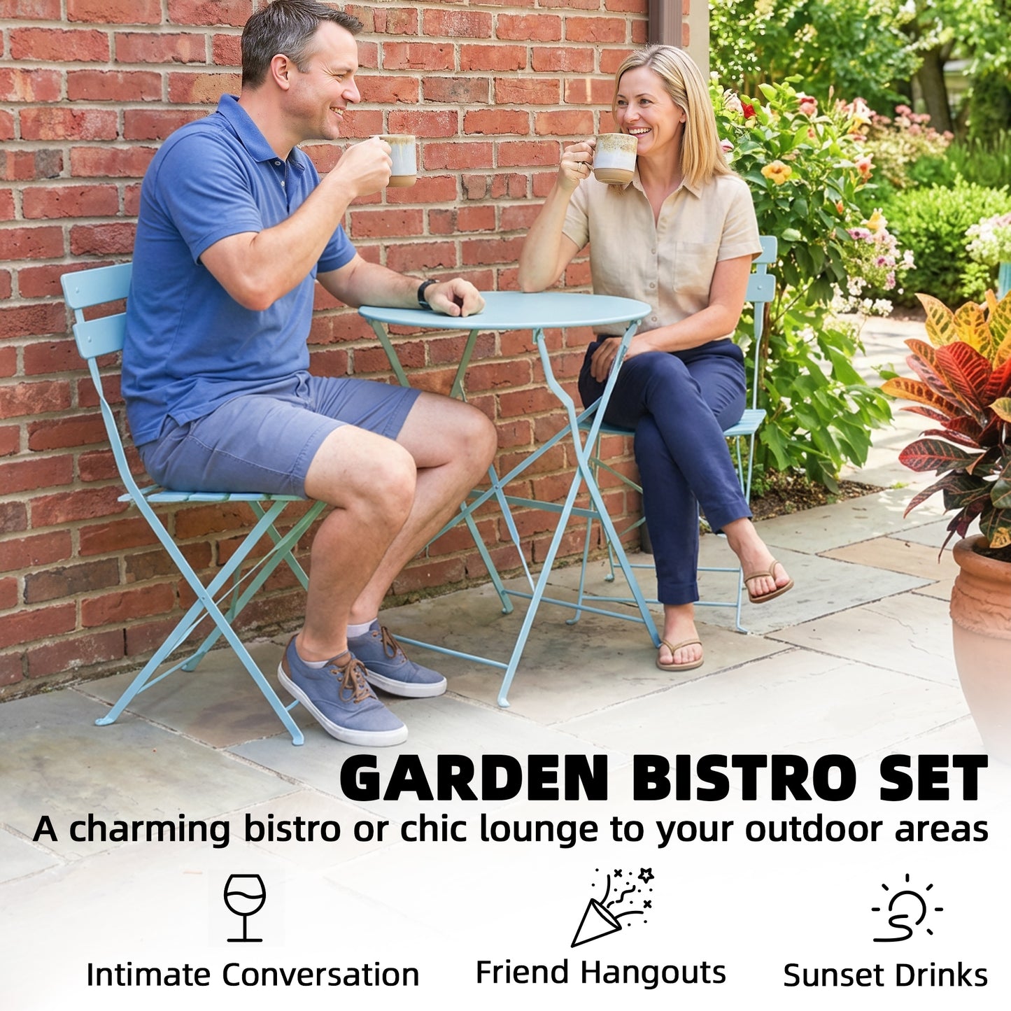 Folding Bistro Set with Round Garden Table and Chairs, Light Blue