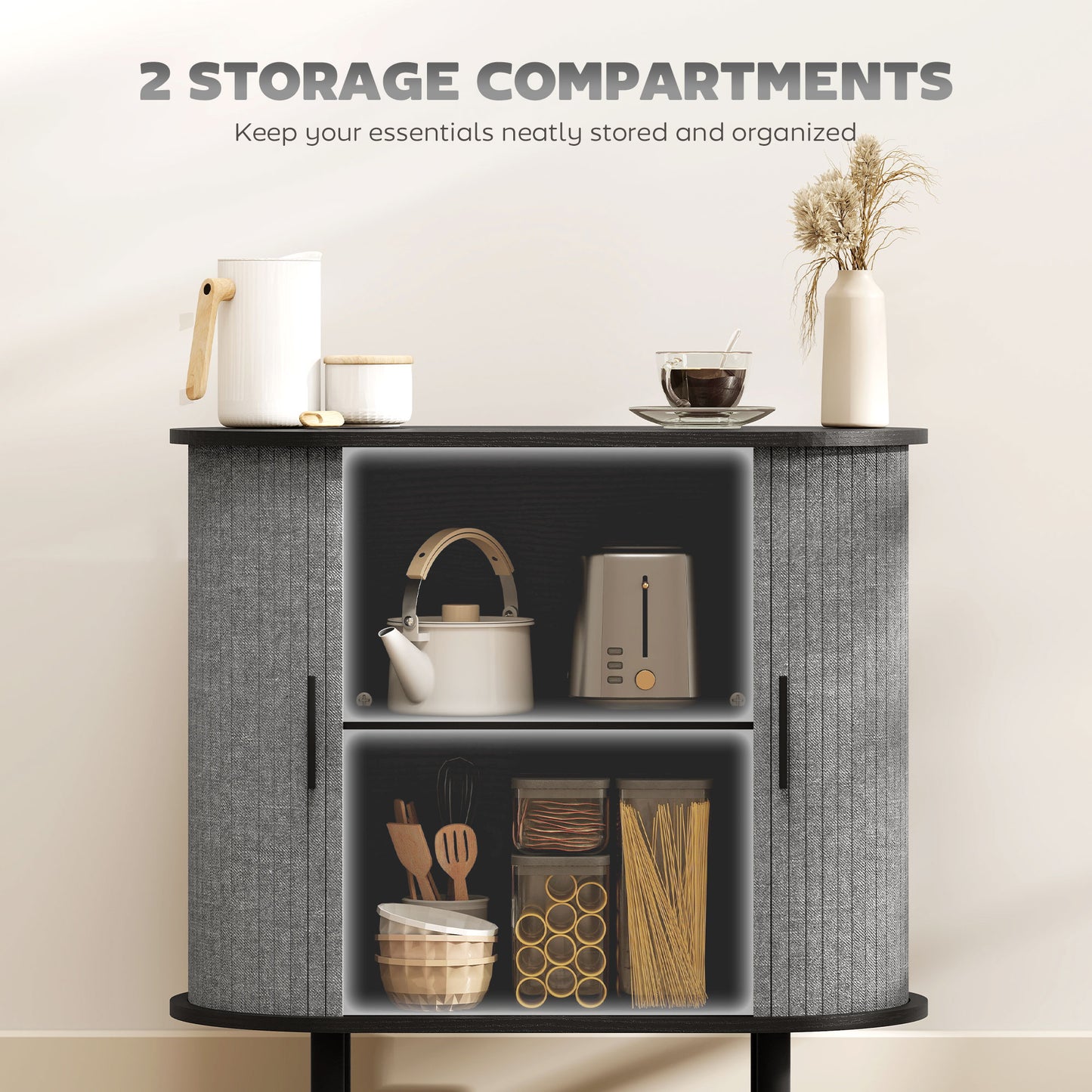 Modern Sideboard with 2 Sliding Doors Tambour Kitchen Cupboard Grey