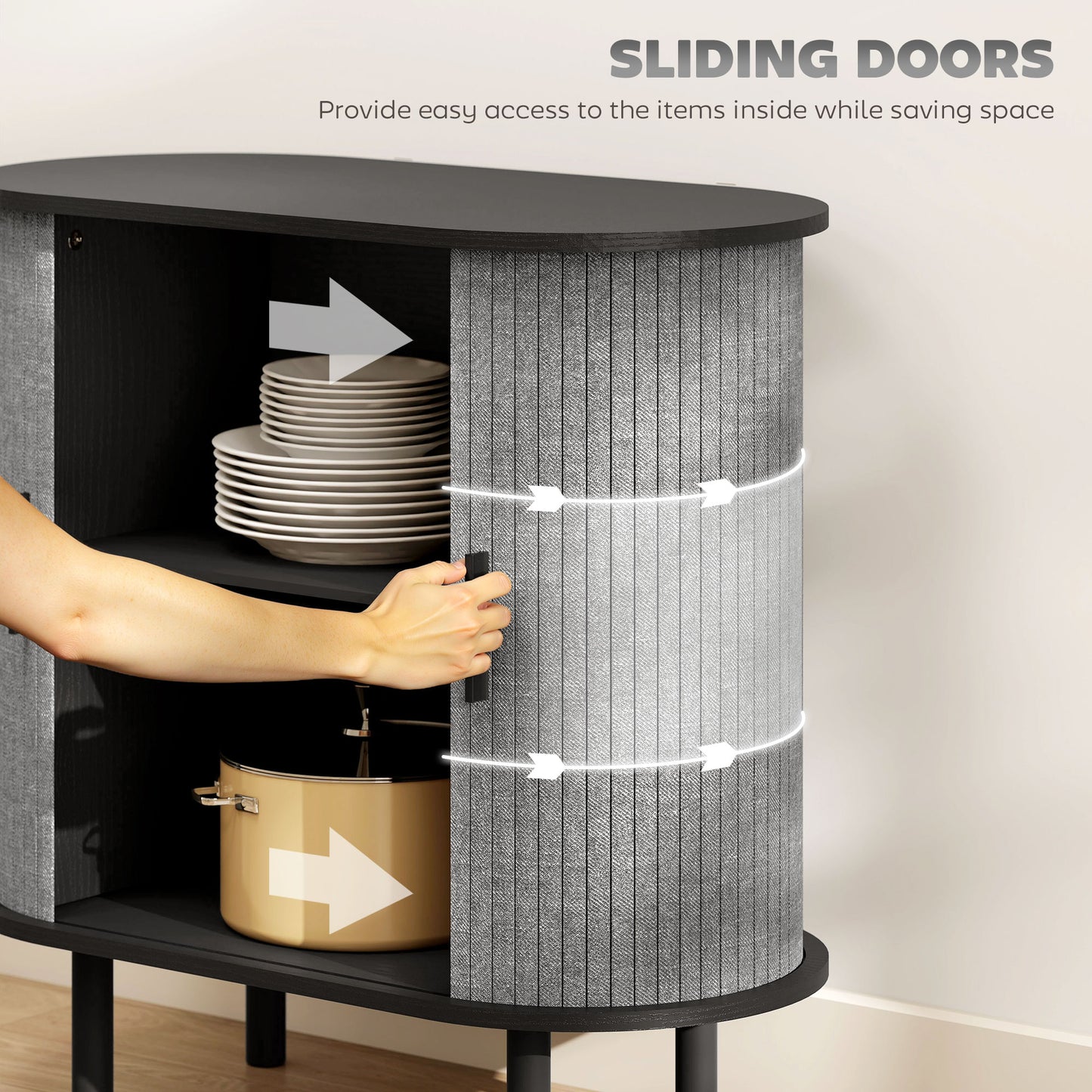 Modern Sideboard with 2 Sliding Doors Tambour Kitchen Cupboard Grey