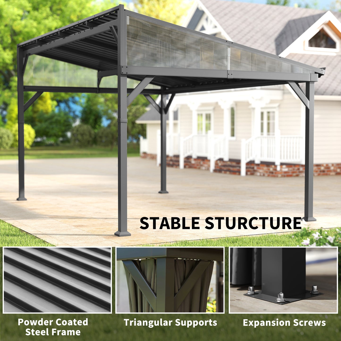 4.3 x 3 m Garden Pergola with Netting Curtains, Lean to Pergola