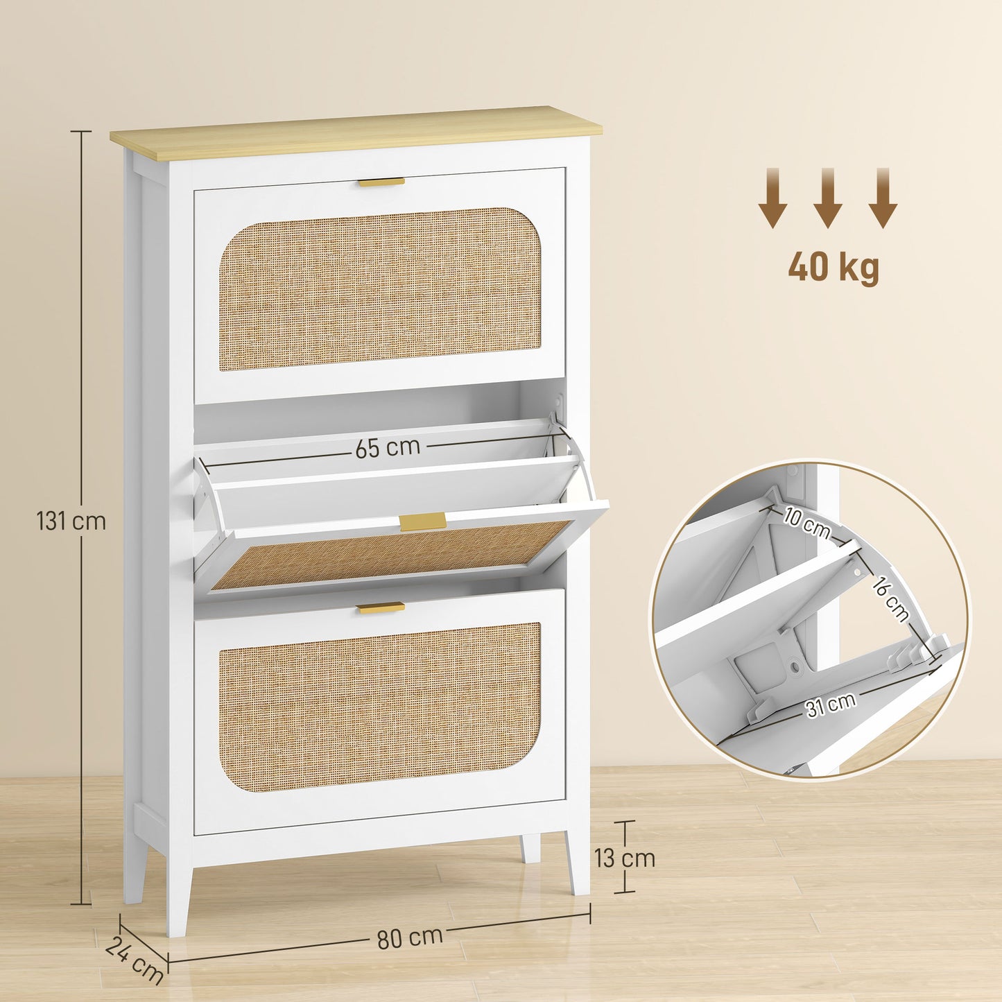 Shoe Storage Cabinet with 3 Flip Drawers, Boho Slim Shoe Cabinet with Rattan Doors for Entryway, Hallway, Holds 21 Pairs, White