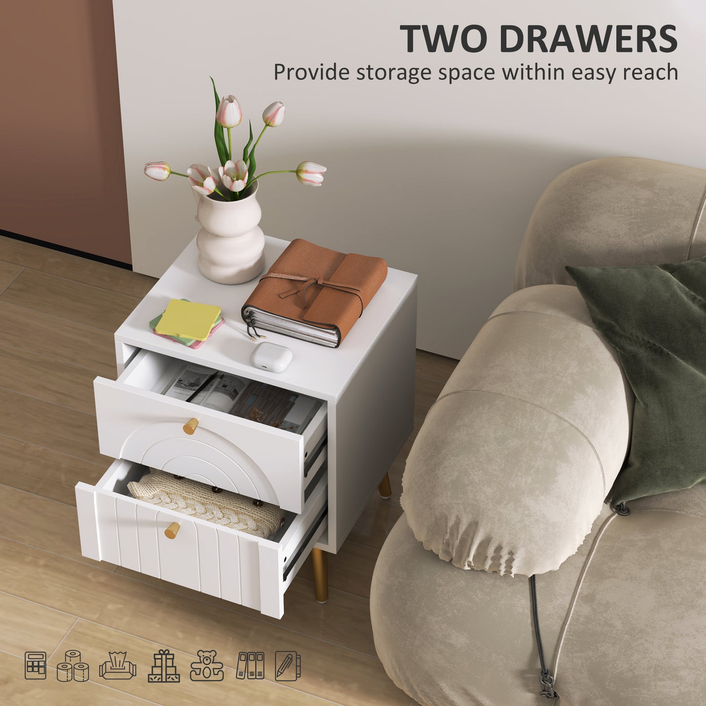 2-Piece Bedside Tables Set with 2 Drawers for Bedroom, White