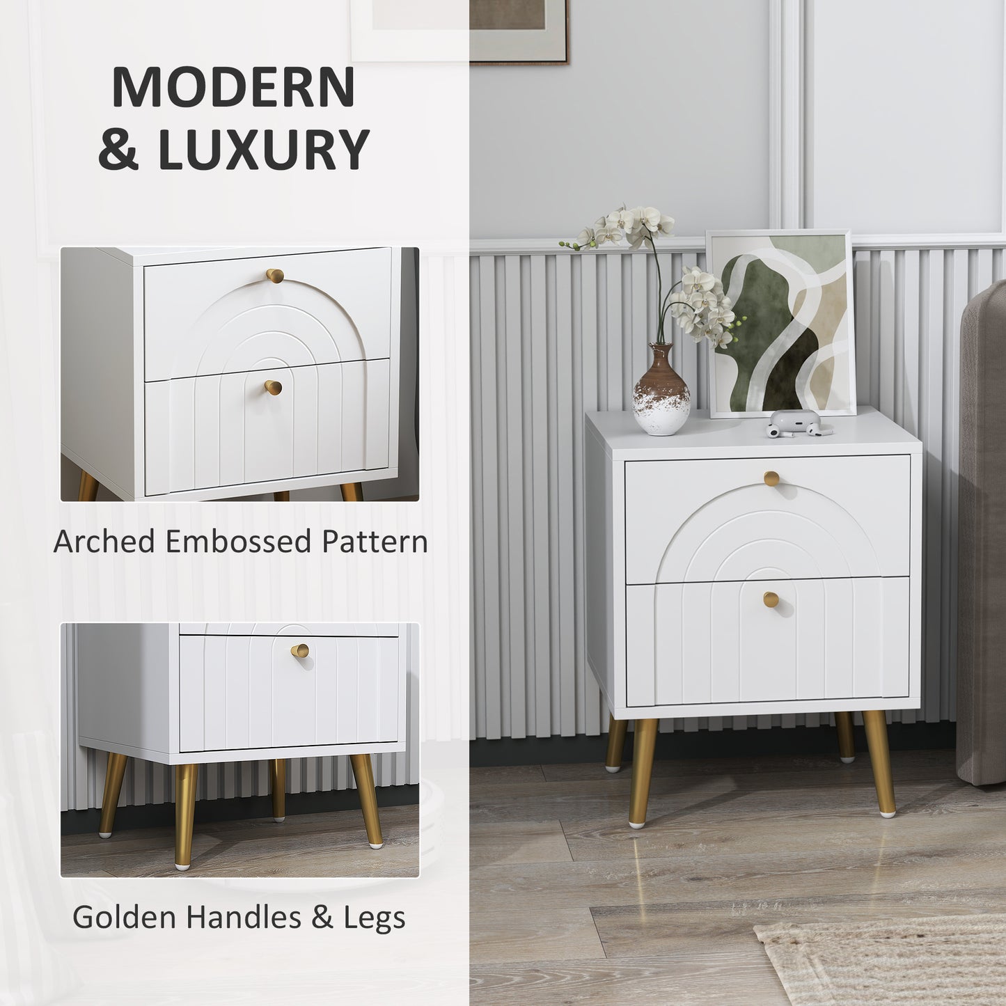 2-Piece Bedside Tables Set with 2 Drawers for Bedroom, White