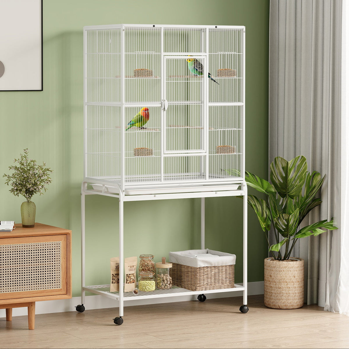 Bird Cage with Detachable Wheeled Stand, Shelf and Wooden Perches - White