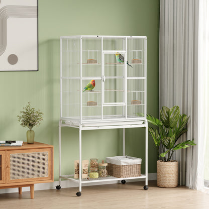 Bird Cage with Detachable Wheeled Stand, Shelf and Wooden Perches - White