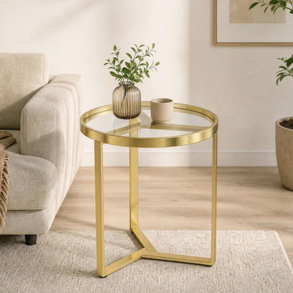 Round Side Table with Tempered Glass Top, Modern End Table with Geometric Metal Frame for Small Space, Living Room and Bedroom, Gold Tone