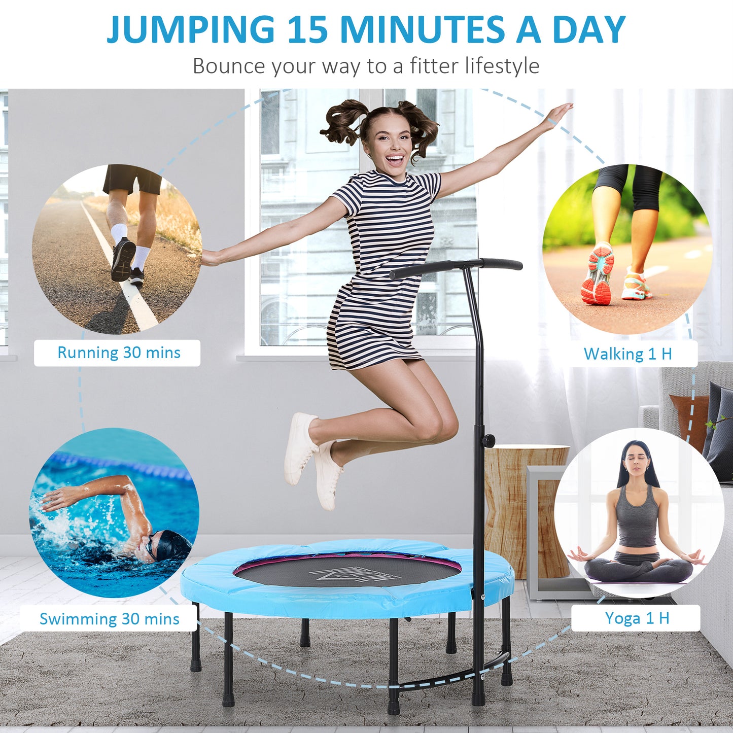 40" Mini Trampoline, Rebounder Jumper w/ Adjustable Handle, Blue