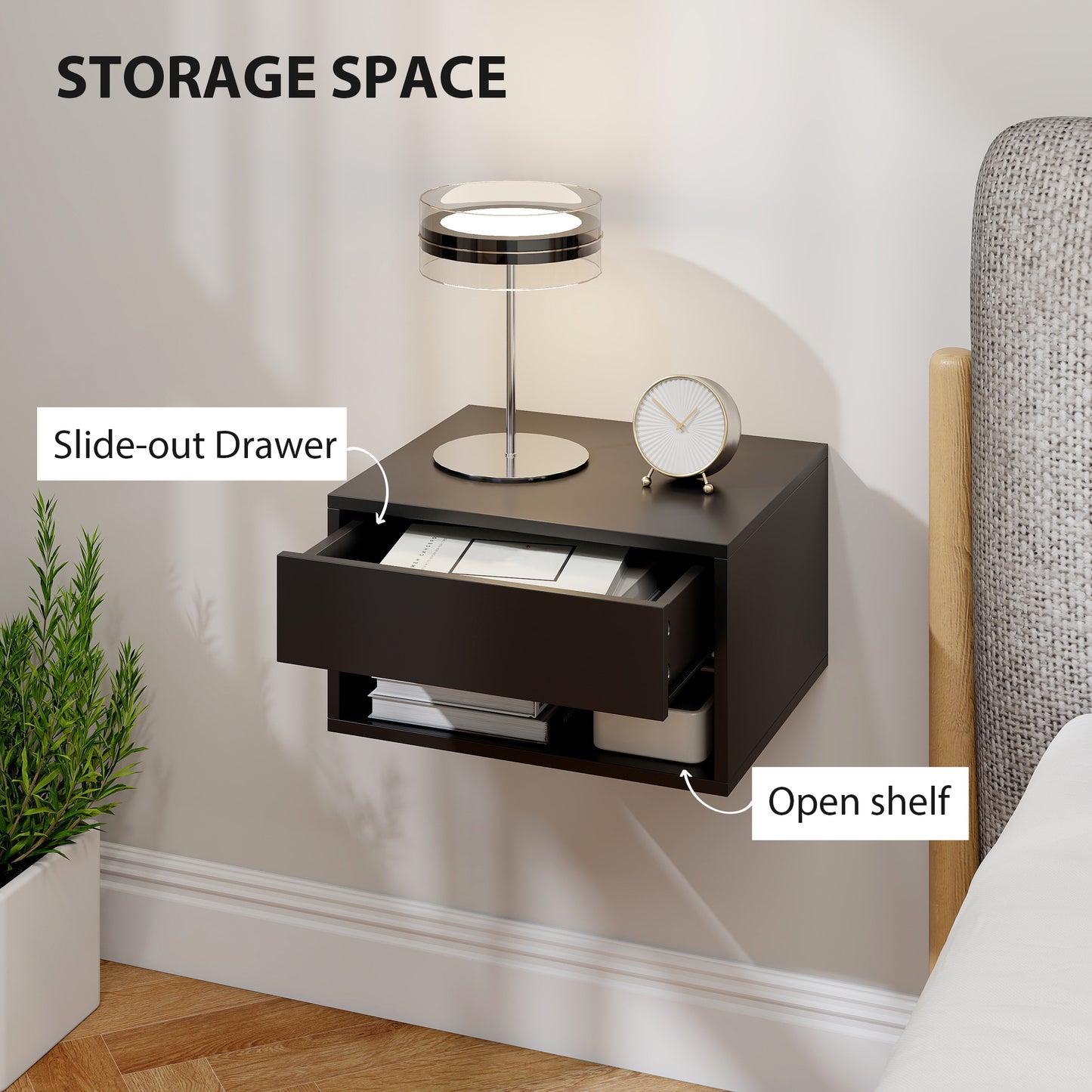 Floating Nightstands Set of 2, Bedside Table w/ Drawer and Open Shelf