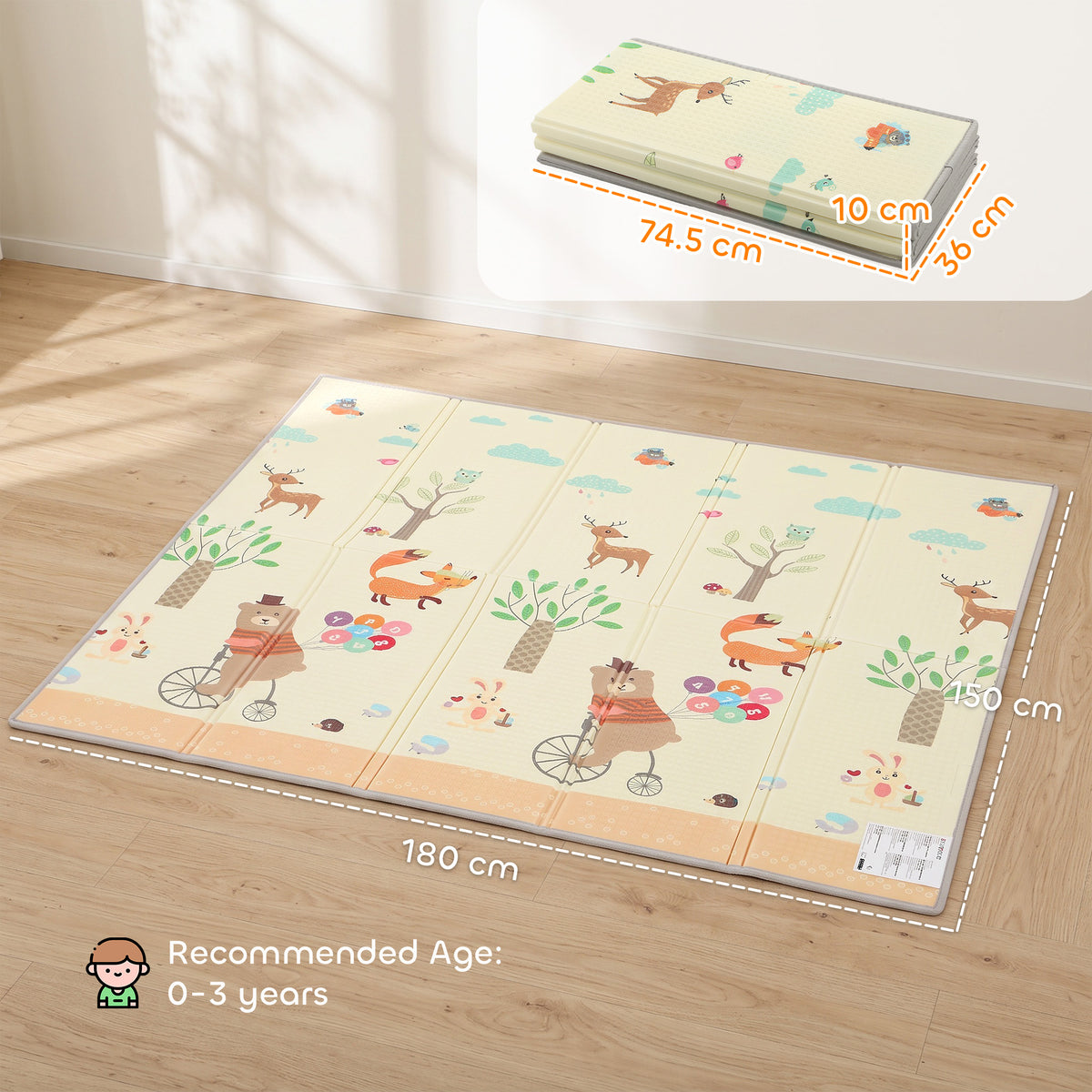 1.8m x 1.5m Reversible Folding Baby Play Mat with Storage Bag - Animals & Forest