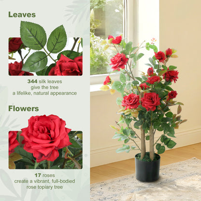 Artificial Rose Tree Set of 2 with 344 Silk Leaves & 17 Flowers, Red