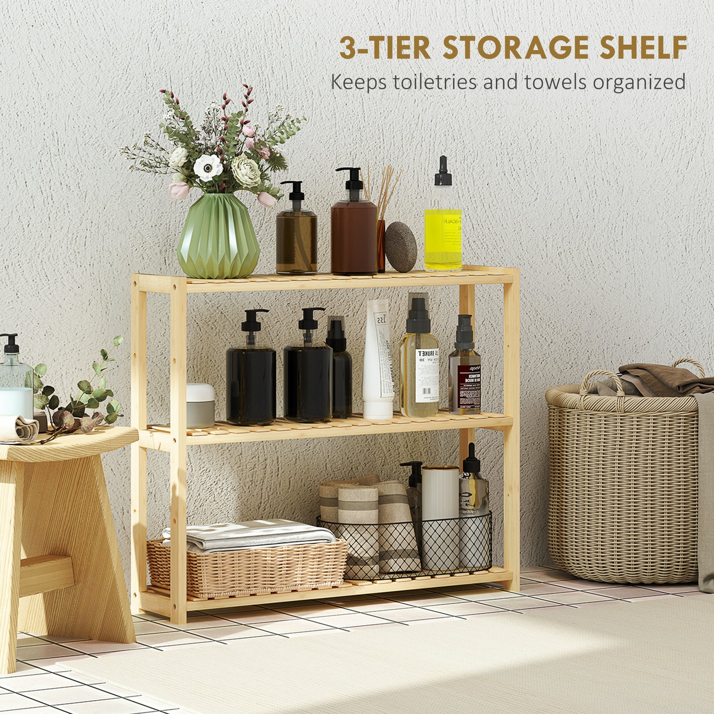 3-Tier Bamboo Adjustable Bathroom Storage Shelf, Natural