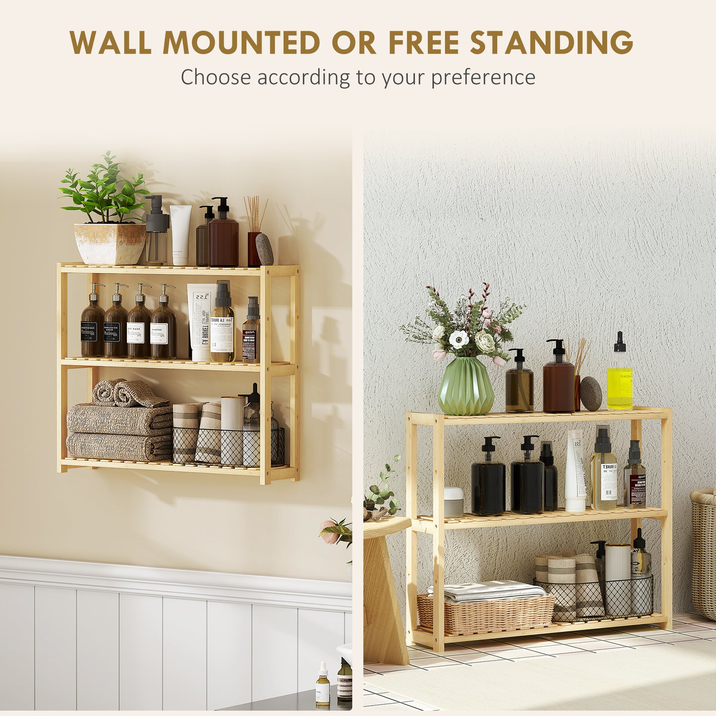3-Tier Bamboo Adjustable Bathroom Storage Shelf, Natural