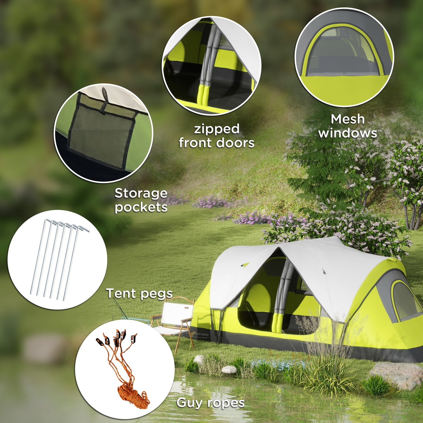 2 Room Camping Tent with Waterproof Rainfly & Screen Panels Yellow