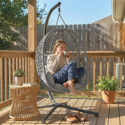 Hanging Egg Chair, Rattan Swing Chair with Stand, Dark Grey
